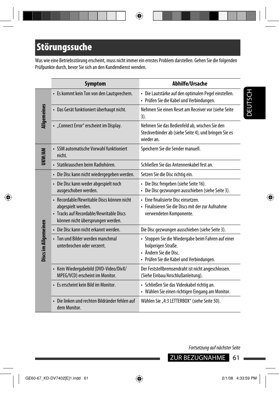 Störungssuche, Deutsch 61 zur bezugnahme | JVC DVD/CD Receiver KD-DV7401 User Manual | Page 127 / 267