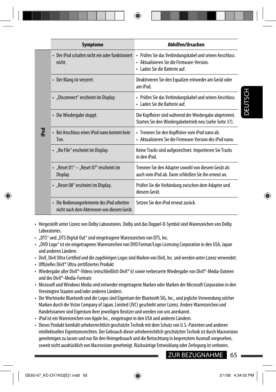 Deutsch 65 zur bezugnahme | JVC DVD/CD Receiver KD-DV7401 User Manual | Page 131 / 267