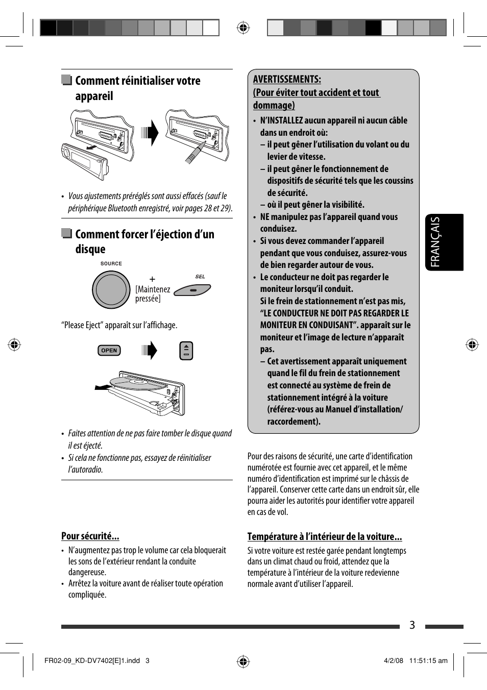 Comment réinitialiser votre appareil, Comment forcer l’éjection d’un disque, 3français | JVC DVD/CD Receiver KD-DV7401 User Manual | Page 135 / 267