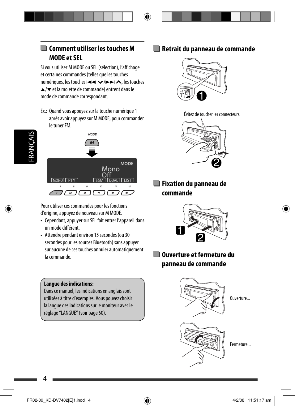 Comment utiliser les touches m mode et sel, 4français | JVC DVD/CD Receiver KD-DV7401 User Manual | Page 136 / 267