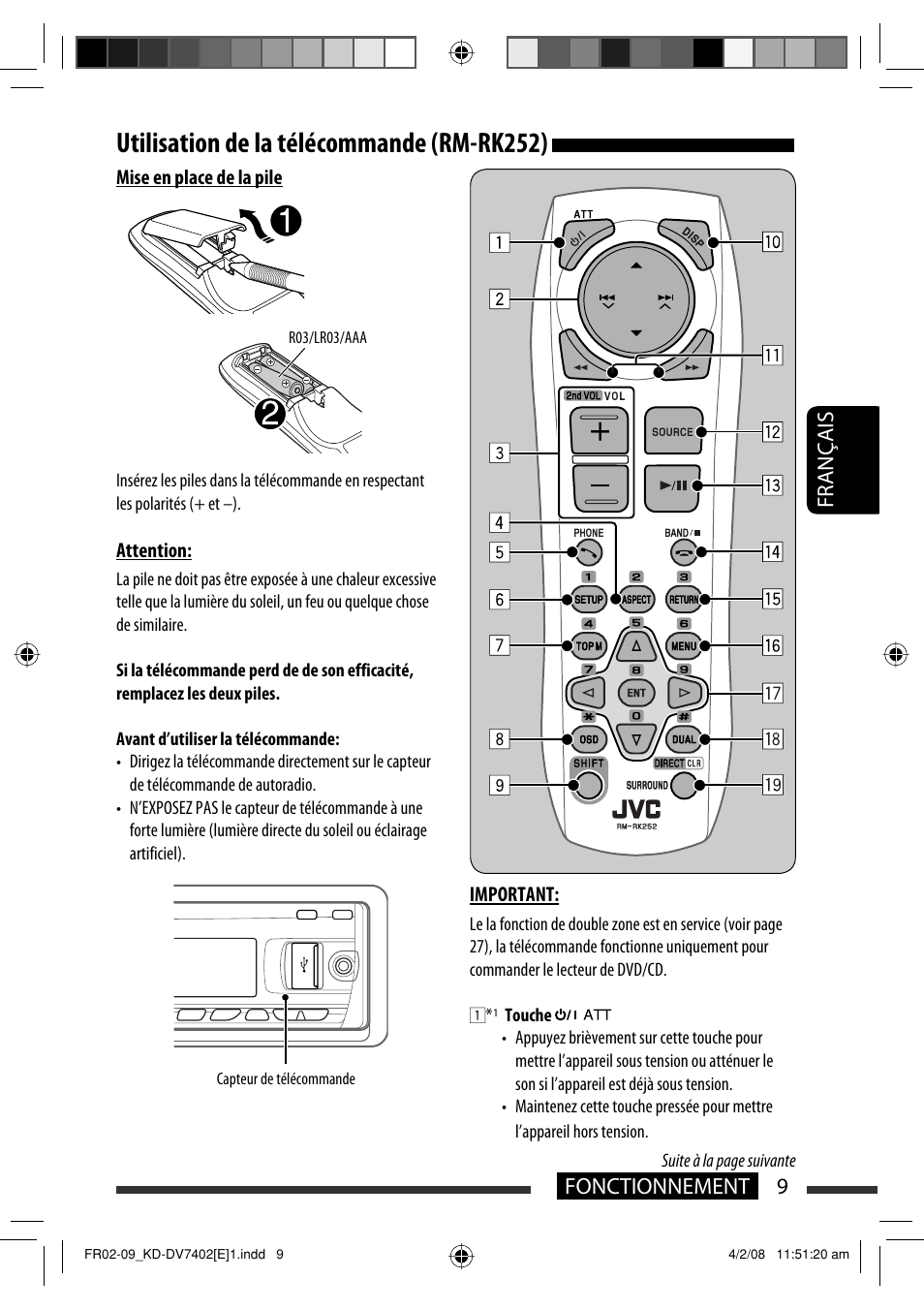 Utilisation de la télécommande (rm-rk252), 9fonctionnement français | JVC DVD/CD Receiver KD-DV7401 User Manual | Page 141 / 267