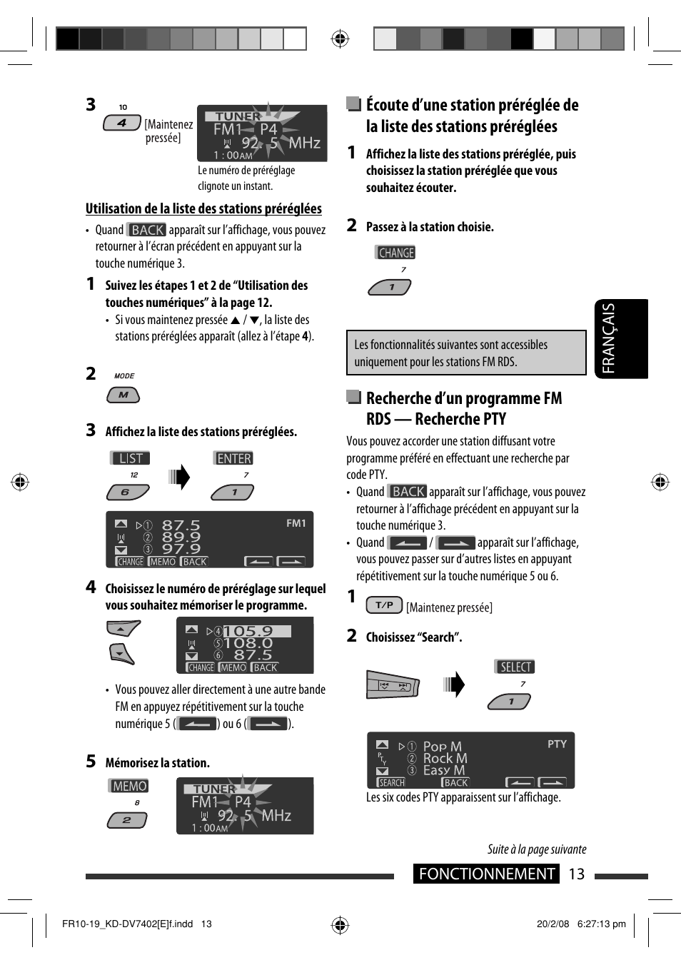 Recherche d’un programme fm rds — recherche pty | JVC DVD/CD Receiver KD-DV7401 User Manual | Page 145 / 267