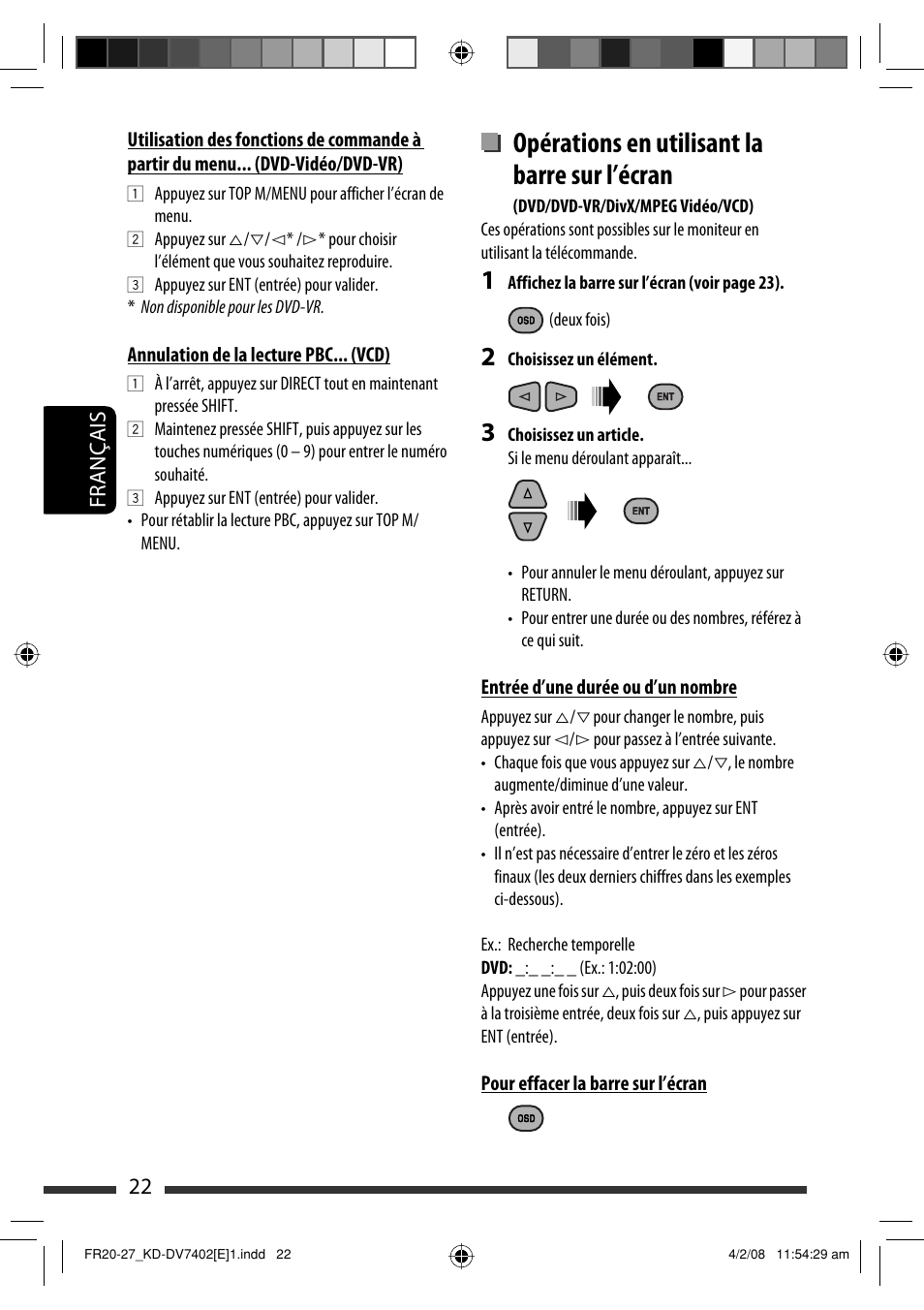 Opérations en utilisant la barre sur l’écran, 22 français | JVC DVD/CD Receiver KD-DV7401 User Manual | Page 154 / 267