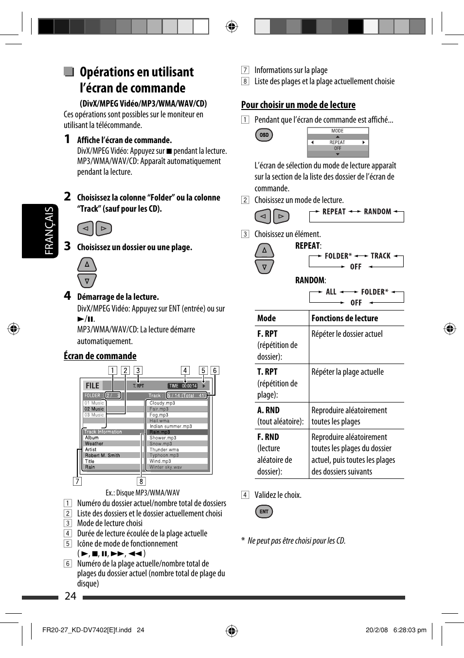 Opérations en utilisant l’écran de commande, 24 français | JVC DVD/CD Receiver KD-DV7401 User Manual | Page 156 / 267