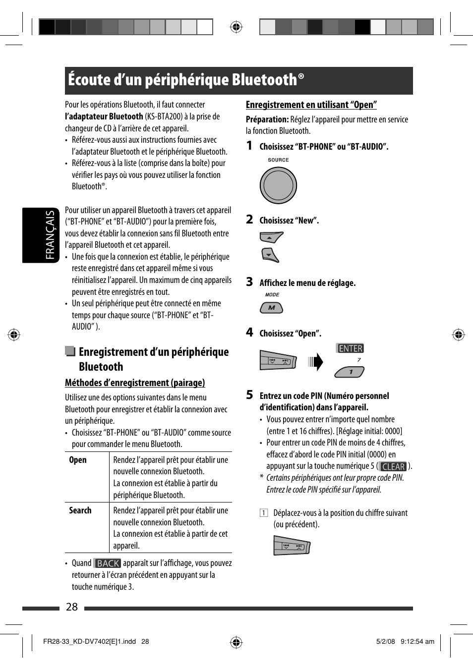 Écoute d’un périphérique bluetooth, Enregistrement d’un périphérique bluetooth | JVC DVD/CD Receiver KD-DV7401 User Manual | Page 160 / 267