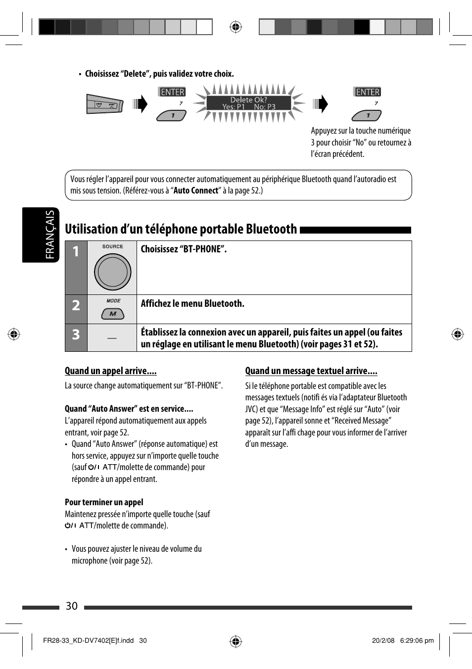 Utilisation d’un téléphone portable bluetooth | JVC DVD/CD Receiver KD-DV7401 User Manual | Page 162 / 267