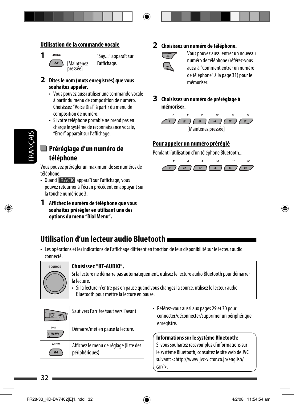 Utilisation d’un lecteur audio bluetooth, Préréglage d’un numéro de téléphone | JVC DVD/CD Receiver KD-DV7401 User Manual | Page 164 / 267