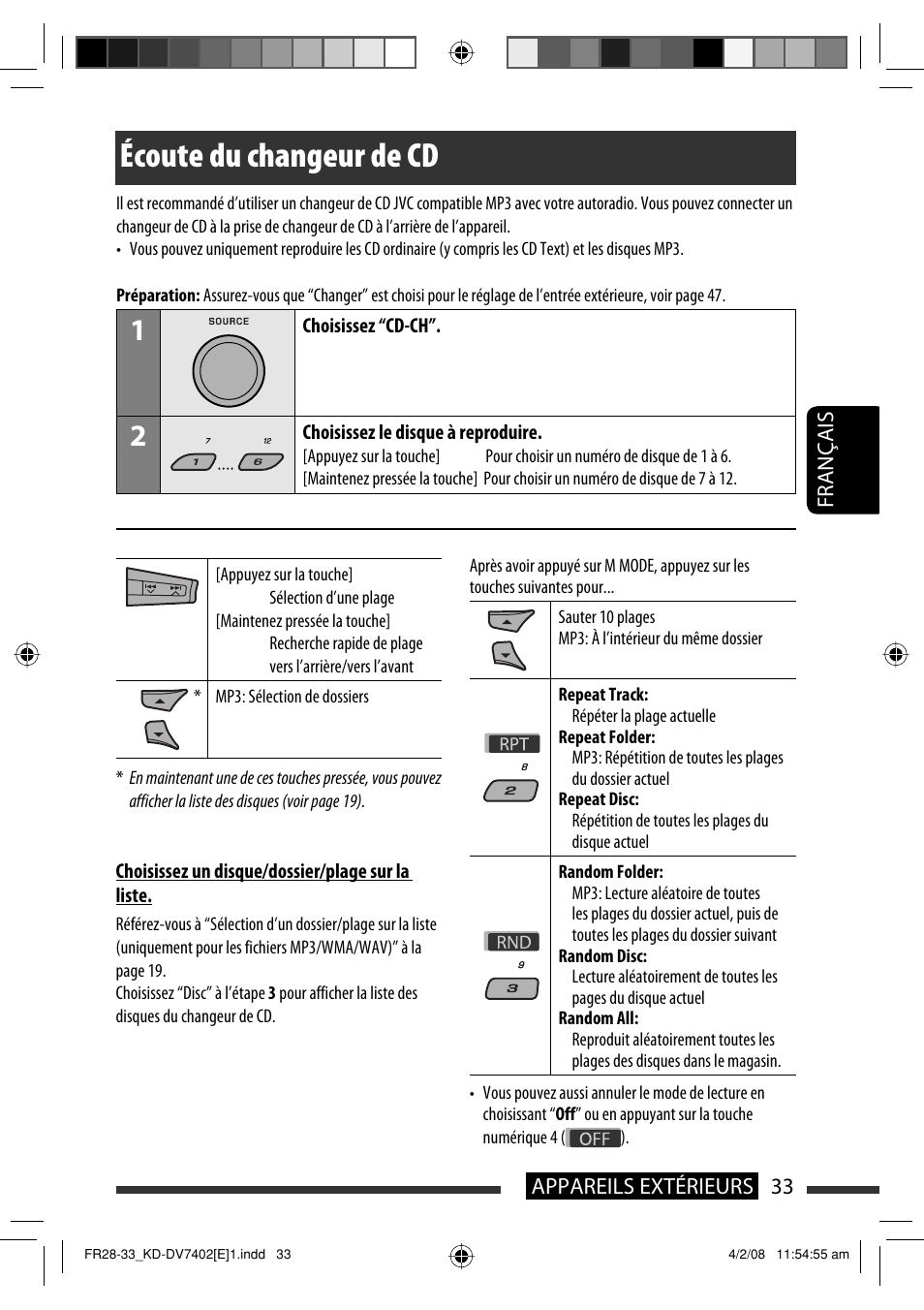 Écoute du changeur de cd | JVC DVD/CD Receiver KD-DV7401 User Manual | Page 165 / 267