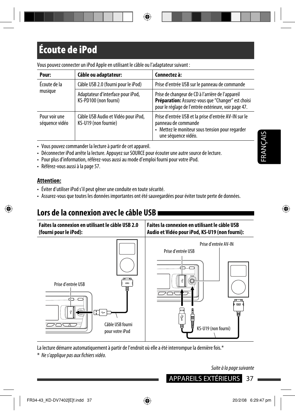 Écoute de ipod, Lors de la connexion avec le câble usb, 37 appareils extérieurs français | JVC DVD/CD Receiver KD-DV7401 User Manual | Page 169 / 267