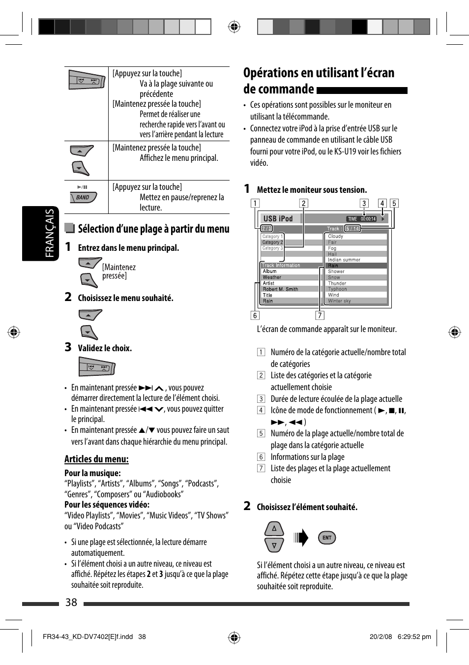 Opérations en utilisant l’écran de commande, Sélection d’une plage à partir du menu, 38 français | JVC DVD/CD Receiver KD-DV7401 User Manual | Page 170 / 267