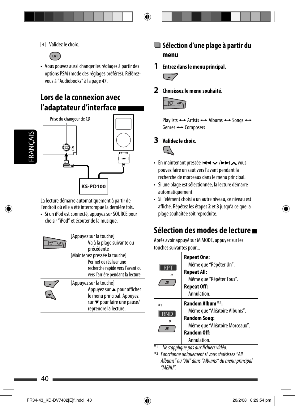 Lors de la connexion avec l’adaptateur d’interface, Sélection des modes de lecture, Sélection d’une plage à partir du menu | 40 français | JVC DVD/CD Receiver KD-DV7401 User Manual | Page 172 / 267