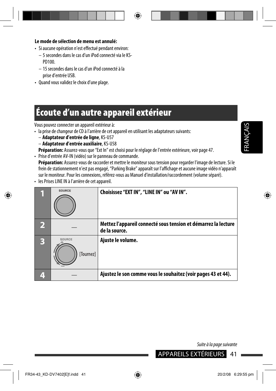 Écoute d’un autre appareil extérieur | JVC DVD/CD Receiver KD-DV7401 User Manual | Page 173 / 267