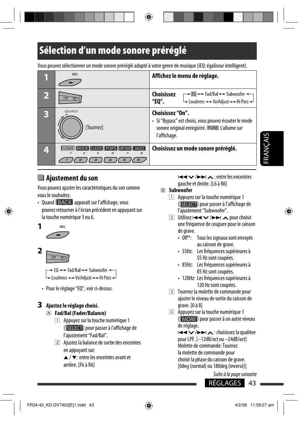 Sélection d’un mode sonore préréglé, Ajustement du son, 43 réglages français | JVC DVD/CD Receiver KD-DV7401 User Manual | Page 175 / 267