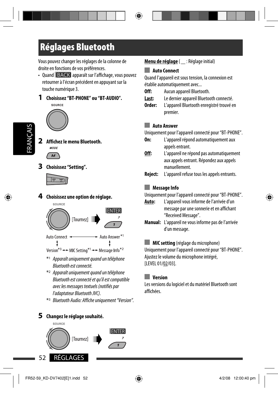 Réglages bluetooth, 52 réglages français | JVC DVD/CD Receiver KD-DV7401 User Manual | Page 184 / 267