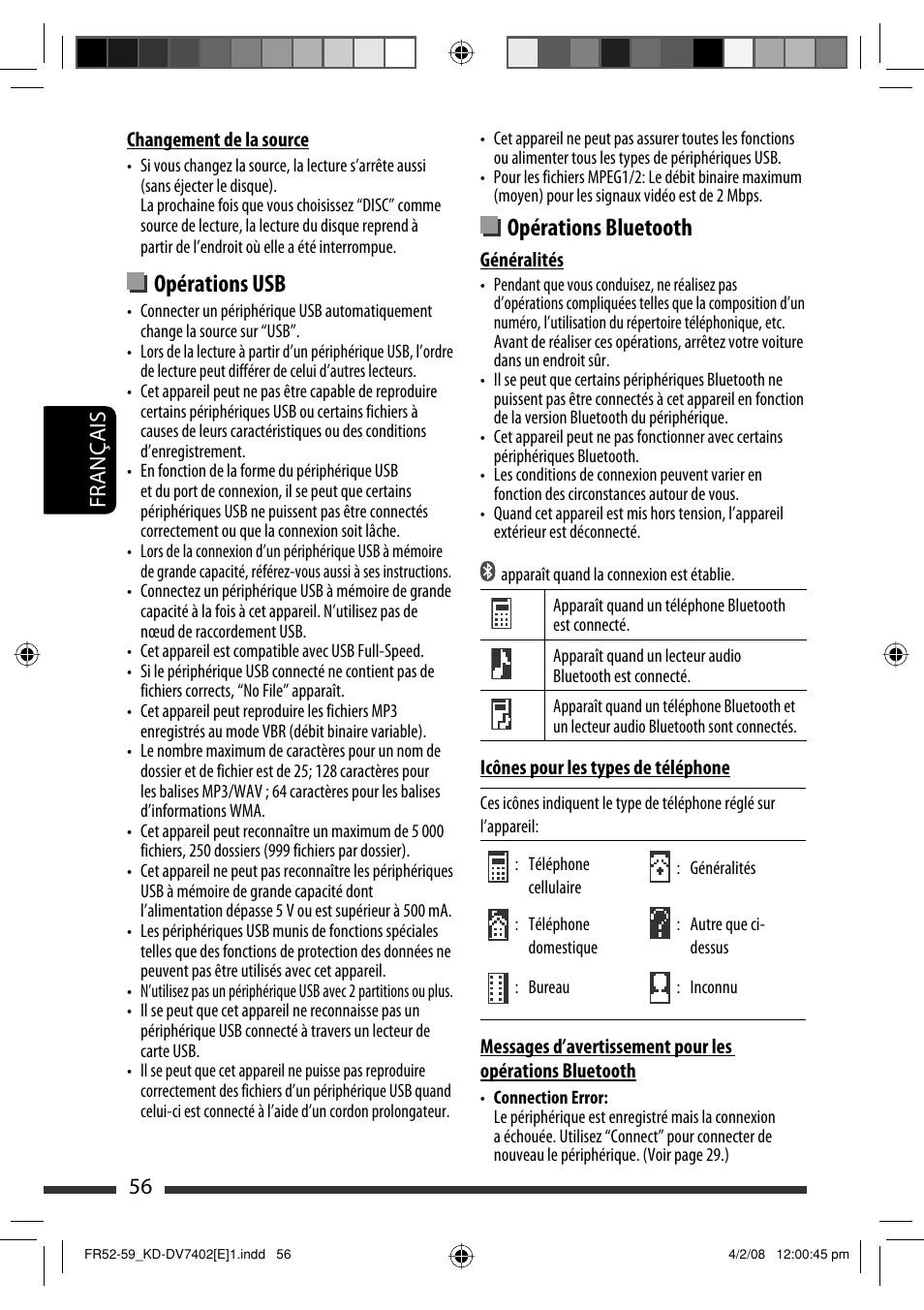 Opérations bluetooth, Opérations usb, 56 français | JVC DVD/CD Receiver KD-DV7401 User Manual | Page 188 / 267