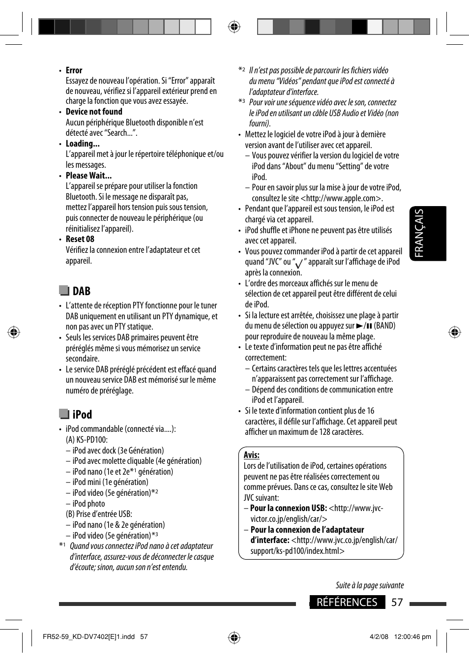 Ipod, 57 références français | JVC DVD/CD Receiver KD-DV7401 User Manual | Page 189 / 267