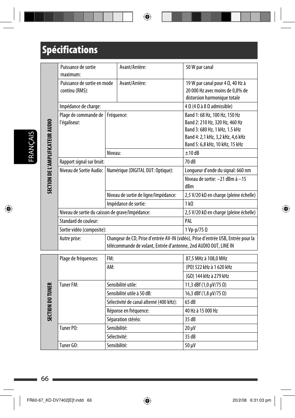 Spécifications, 66 français | JVC DVD/CD Receiver KD-DV7401 User Manual | Page 198 / 267