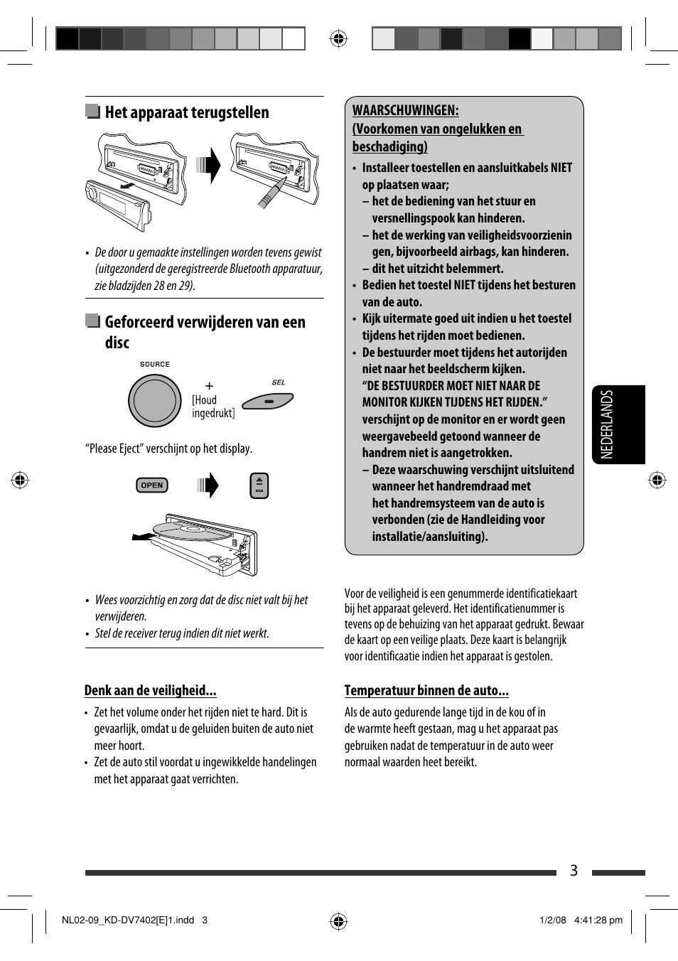 Het apparaat terugstellen, Geforceerd verwijderen van een disc, 3nederlands | JVC DVD/CD Receiver KD-DV7401 User Manual | Page 201 / 267