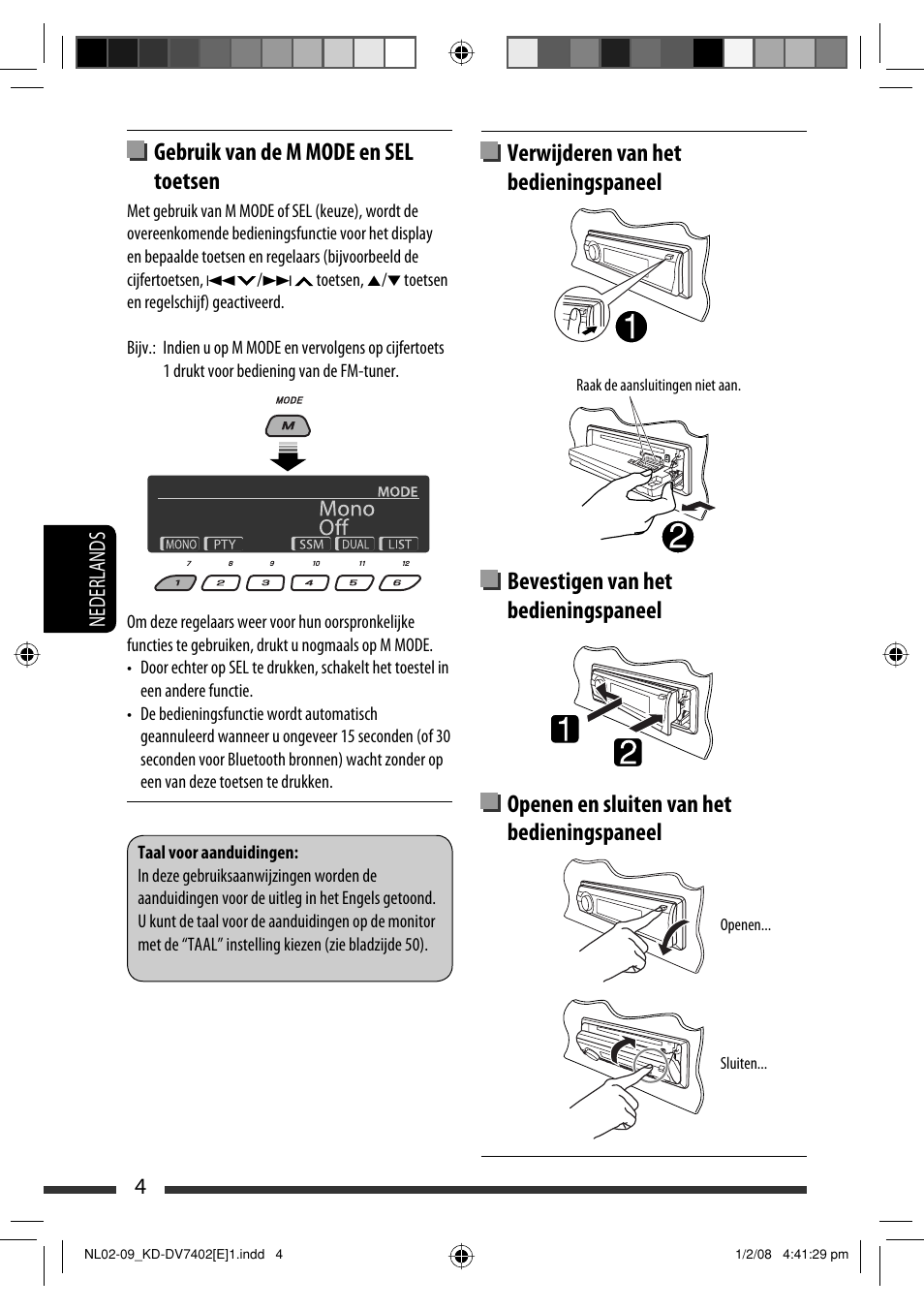 Gebruik van de m mode en sel toetsen, 4nederlands | JVC DVD/CD Receiver KD-DV7401 User Manual | Page 202 / 267