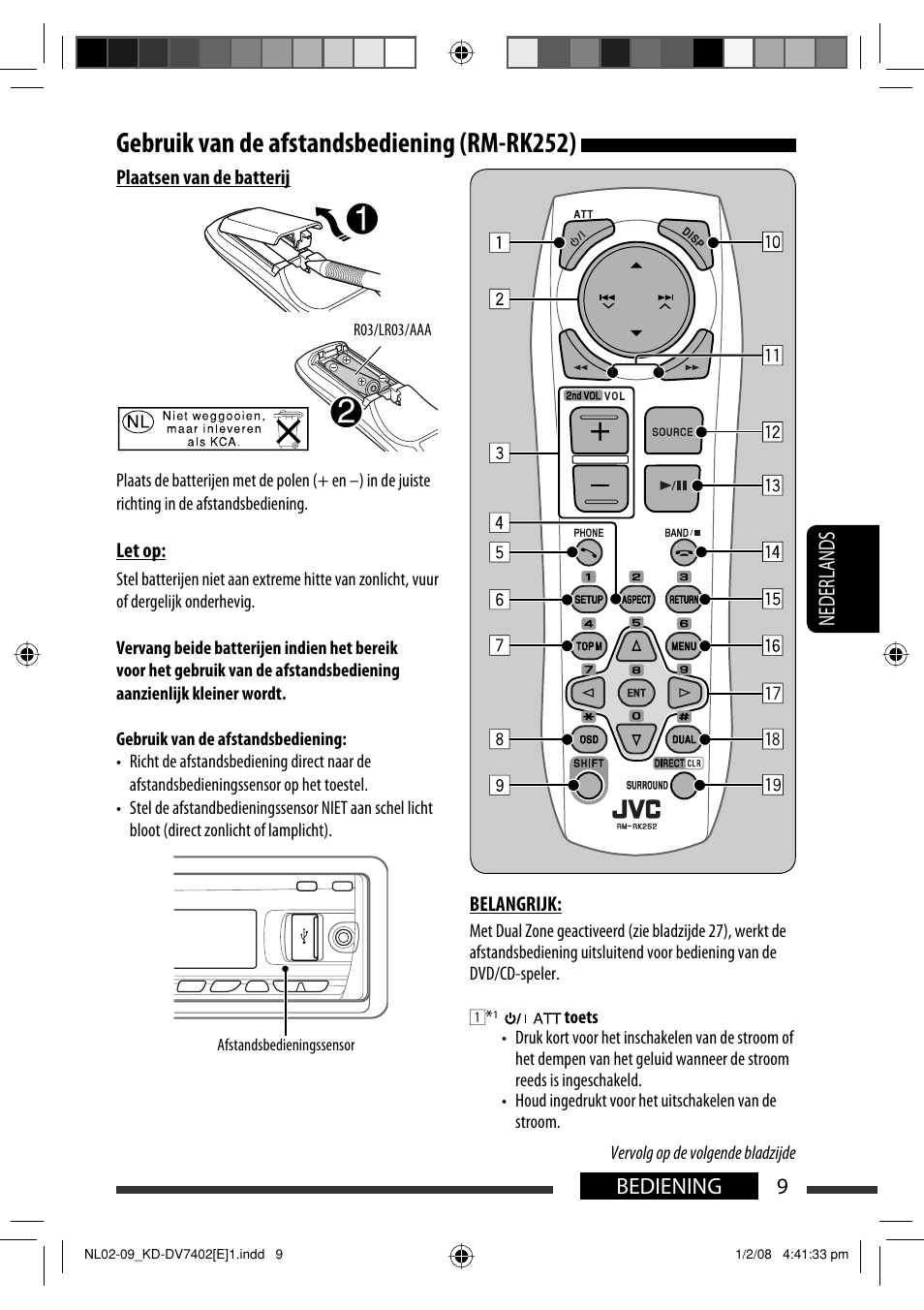 Gebruik van de afstandsbediening (rm-rk252), 9bediening nederlands | JVC DVD/CD Receiver KD-DV7401 User Manual | Page 207 / 267