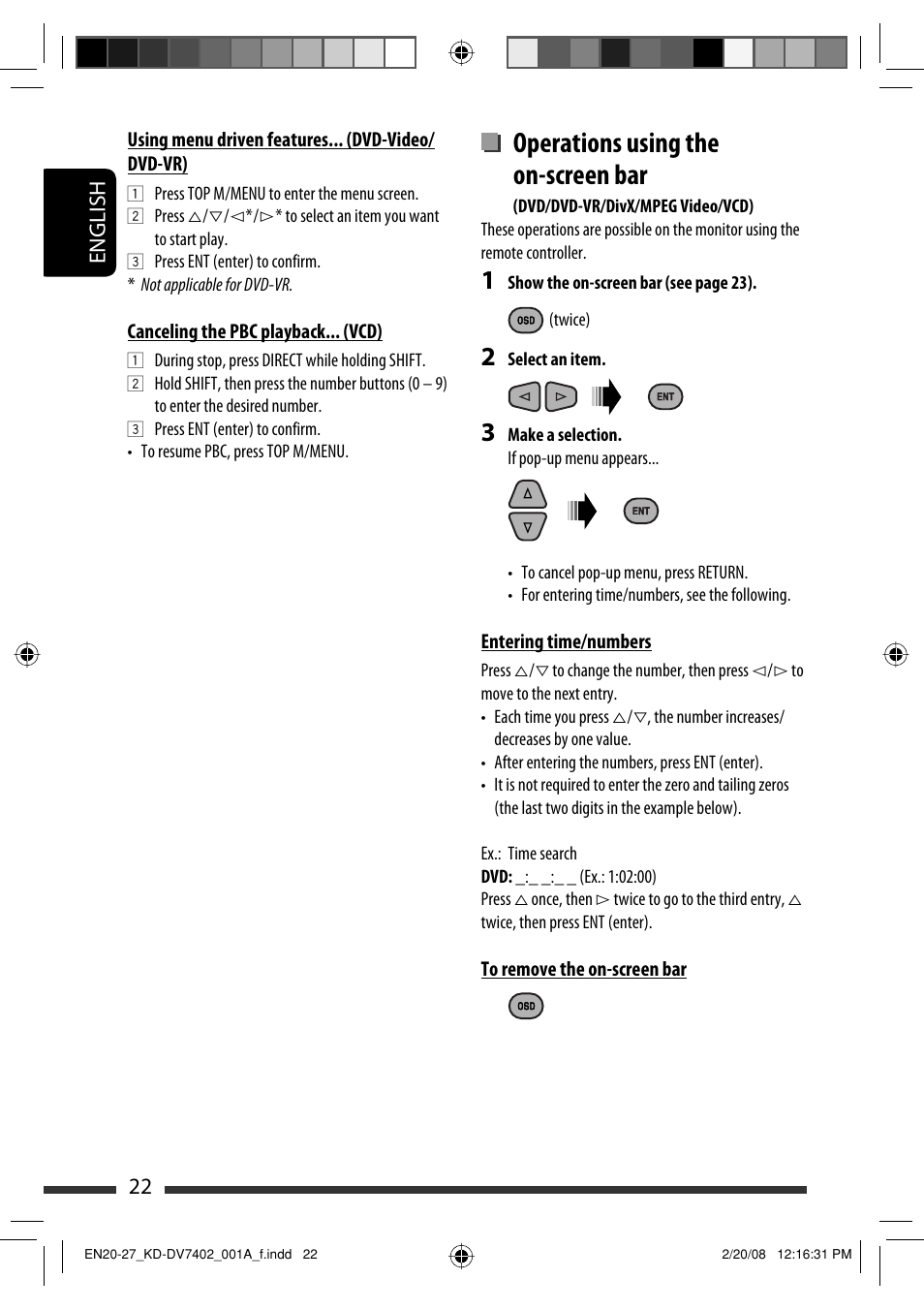 Operations using the on-screen bar, English 22 | JVC DVD/CD Receiver KD-DV7401 User Manual | Page 22 / 267