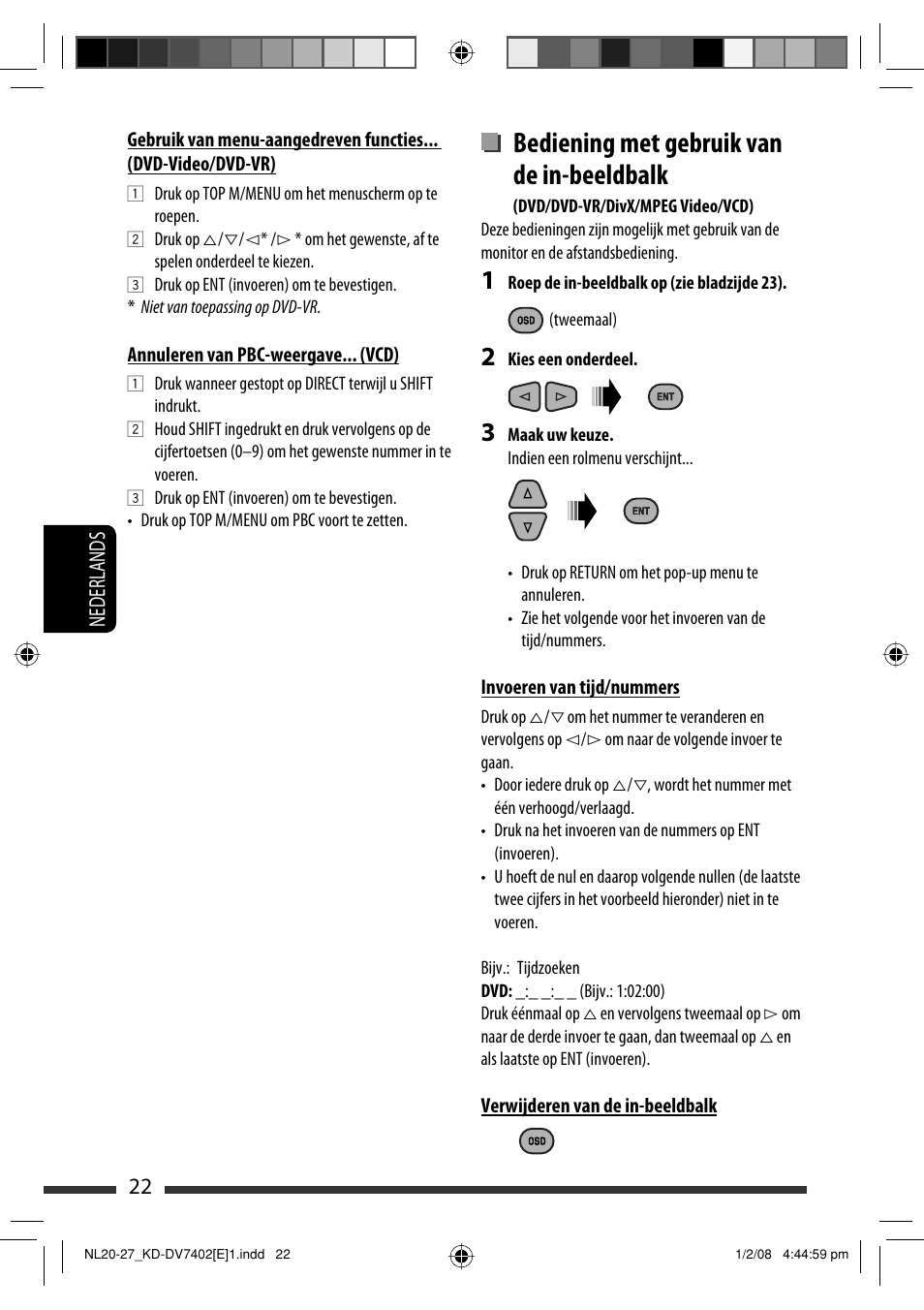 Bediening met gebruik van de in-beeldbalk, 22 nederlands | JVC DVD/CD Receiver KD-DV7401 User Manual | Page 220 / 267