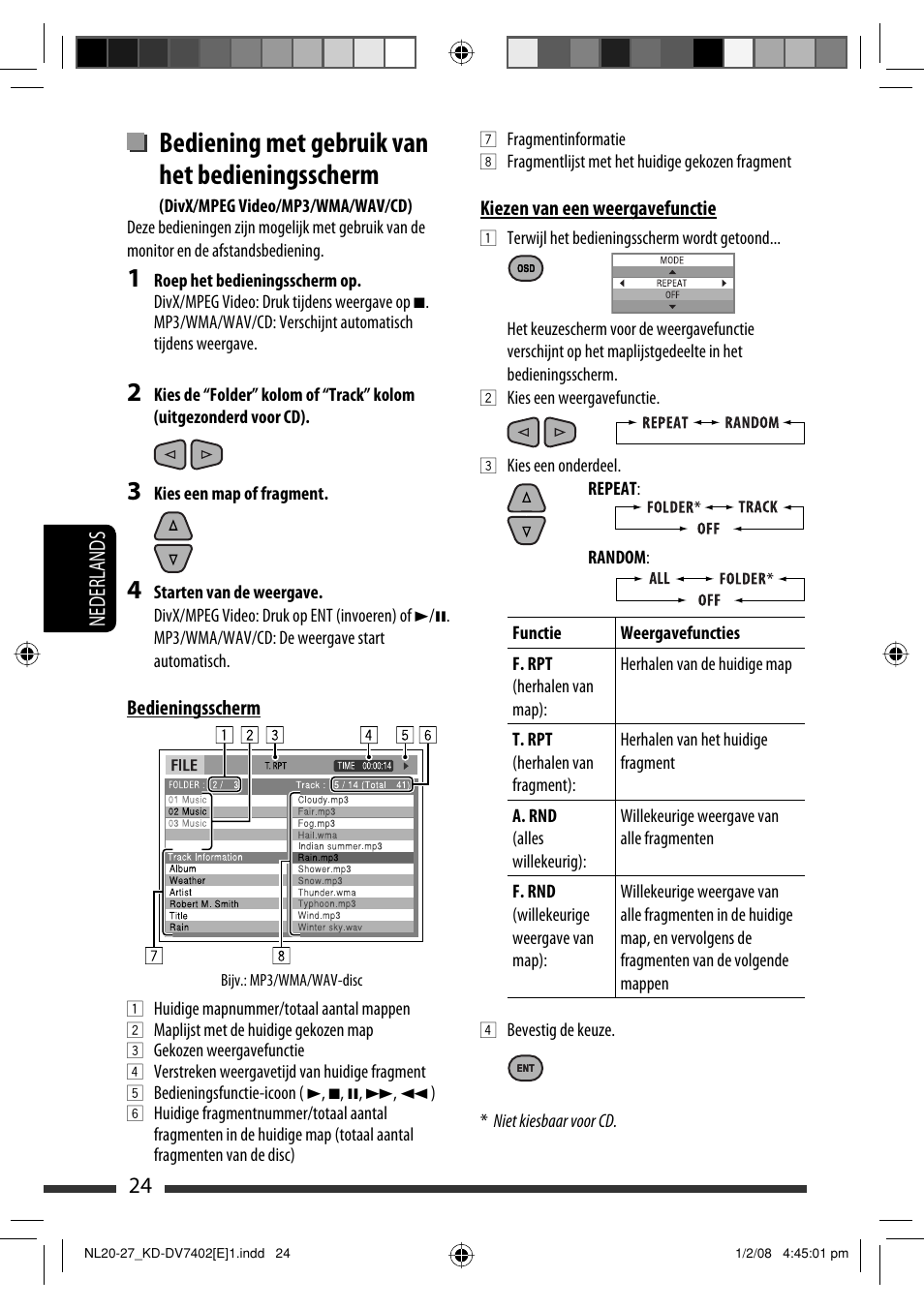 Bediening met gebruik van het bedieningsscherm, 24 nederlands | JVC DVD/CD Receiver KD-DV7401 User Manual | Page 222 / 267