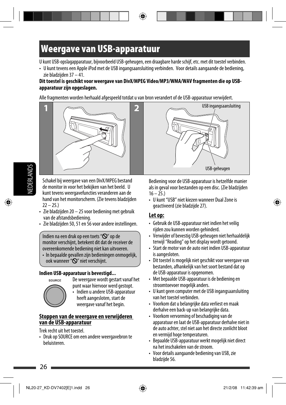 Weergave van usb-apparatuur, 26 nederlands | JVC DVD/CD Receiver KD-DV7401 User Manual | Page 224 / 267