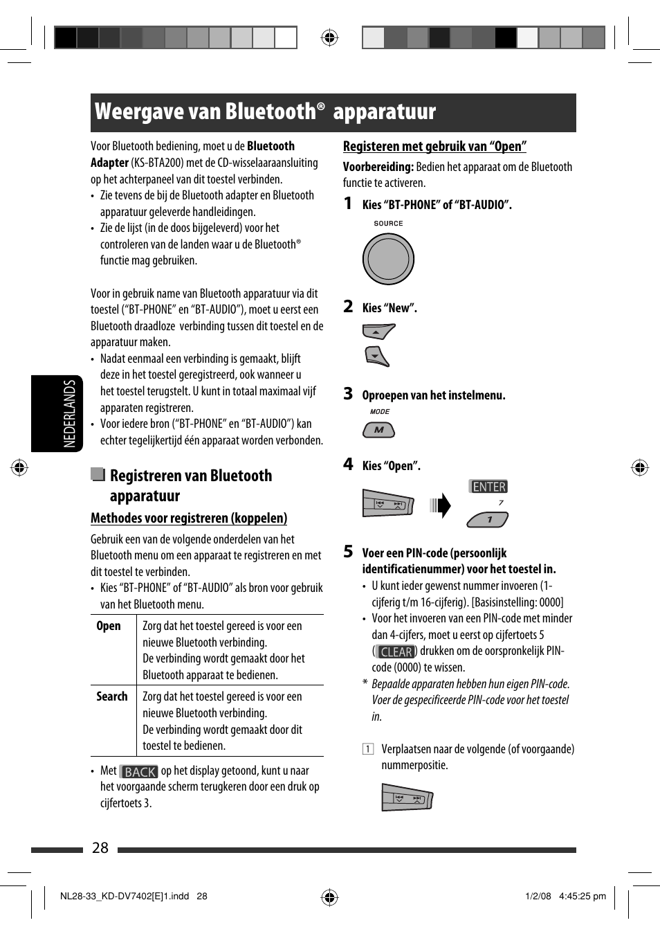 Weergave van bluetooth® apparatuur, Registreren van bluetooth apparatuur | JVC DVD/CD Receiver KD-DV7401 User Manual | Page 226 / 267