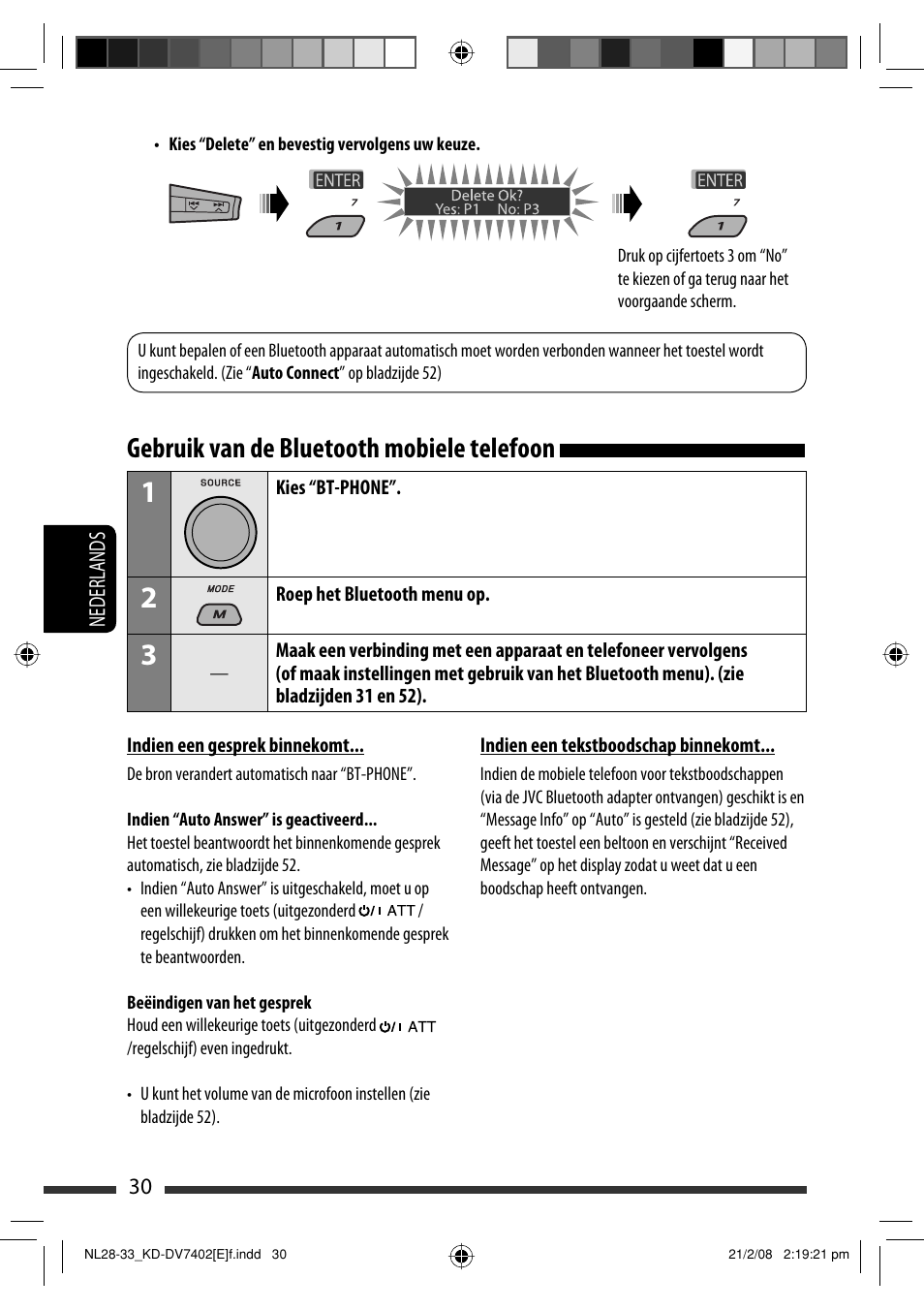 Gebruik van de bluetooth mobiele telefoon | JVC DVD/CD Receiver KD-DV7401 User Manual | Page 228 / 267