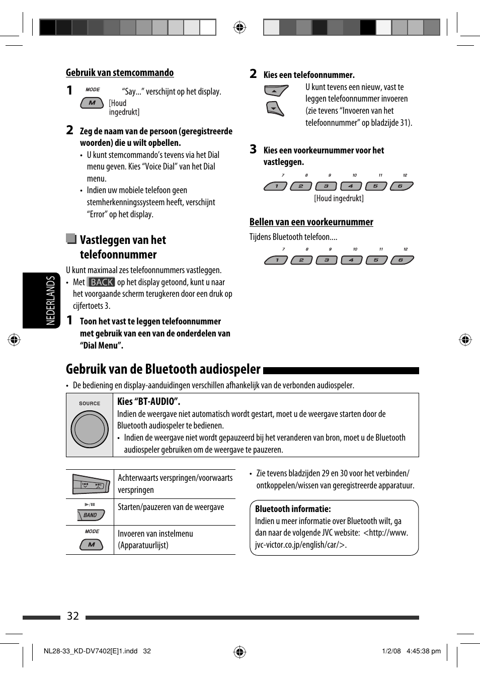 Gebruik van de bluetooth audiospeler, Vastleggen van het telefoonnummer | JVC DVD/CD Receiver KD-DV7401 User Manual | Page 230 / 267