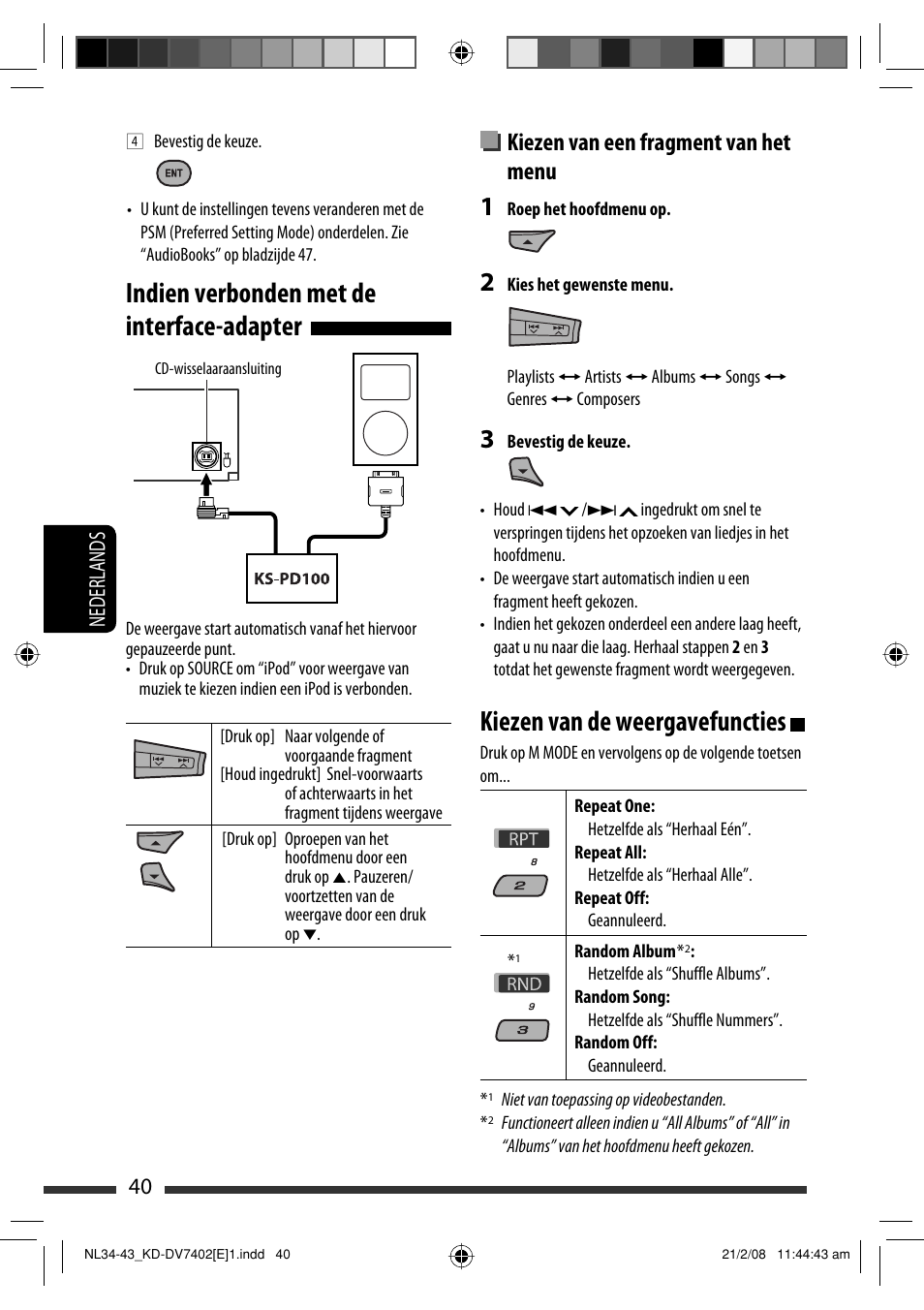 Indien verbonden met de interface-adapter, Kiezen van de weergavefuncties, Kiezen van een fragment van het menu | 40 nederlands | JVC DVD/CD Receiver KD-DV7401 User Manual | Page 238 / 267