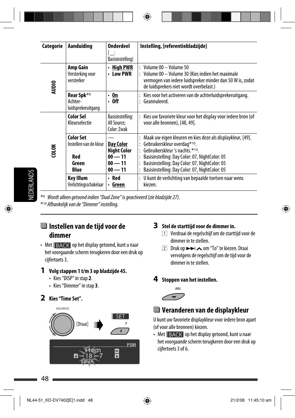 Veranderen van de displaykleur, Instellen van de tijd voor de dimmer, 48 nederlands | JVC DVD/CD Receiver KD-DV7401 User Manual | Page 246 / 267