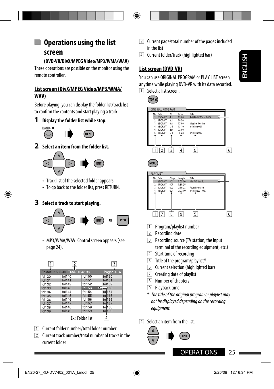 Operations using the list screen, English 25 operations | JVC DVD/CD Receiver KD-DV7401 User Manual | Page 25 / 267