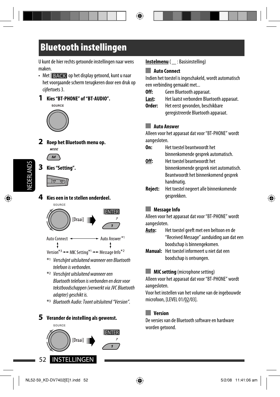 Bluetooth instellingen, 52 instellingen nederlands | JVC DVD/CD Receiver KD-DV7401 User Manual | Page 250 / 267