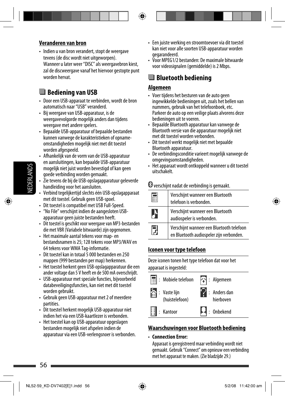 Bluetooth bediening, Bediening van usb, 56 nederlands | JVC DVD/CD Receiver KD-DV7401 User Manual | Page 254 / 267