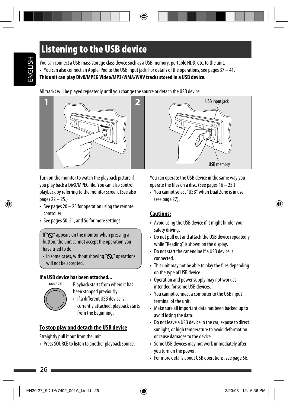 Listening to the usb device, English 26 | JVC DVD/CD Receiver KD-DV7401 User Manual | Page 26 / 267