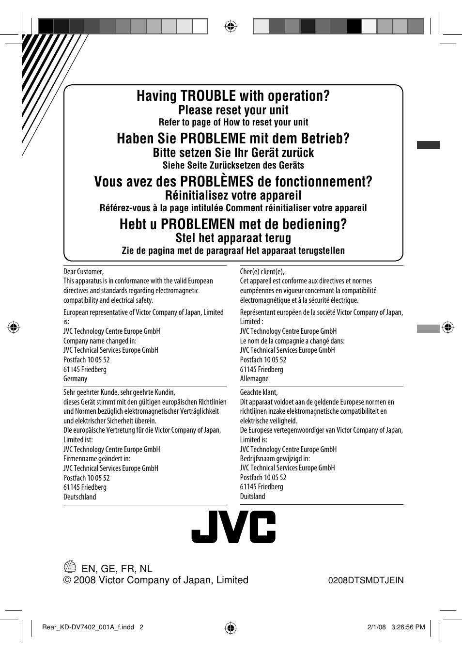 Having trouble with operation, Haben sie probleme mit dem betrieb, Vous avez des problèmes de fonctionnement | Hebt u problemen met de bediening, Please reset your unit, Bitte setzen sie ihr gerät zurück, Réinitialisez votre appareil, Stel het apparaat terug | JVC DVD/CD Receiver KD-DV7401 User Manual | Page 266 / 267