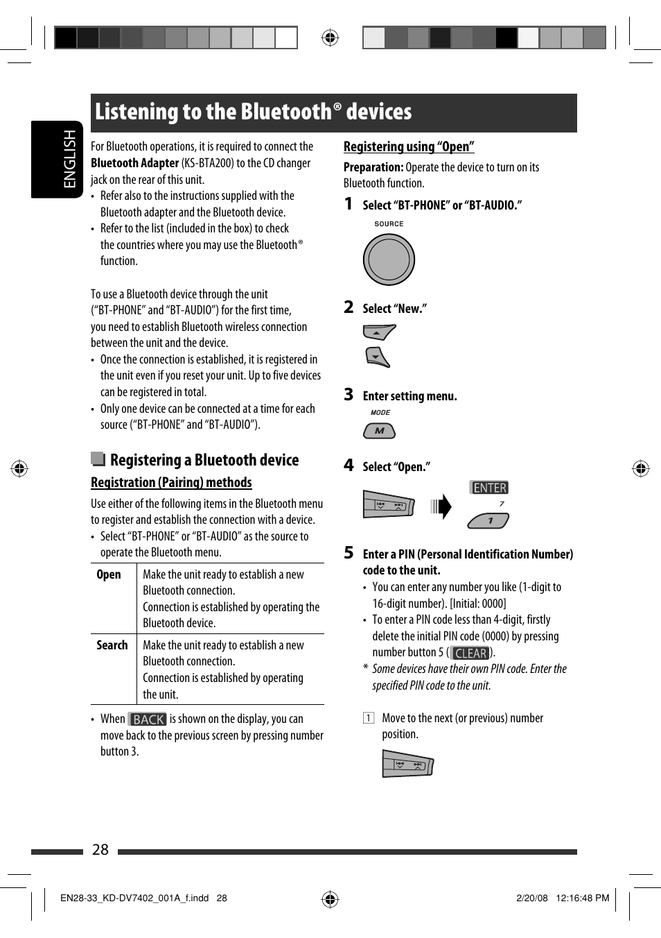 Listening to the bluetooth ® devices, Registering a bluetooth device | JVC DVD/CD Receiver KD-DV7401 User Manual | Page 28 / 267