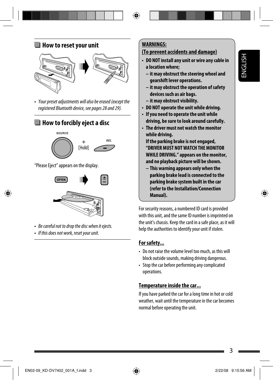 How to reset your unit, How to forcibly eject a disc, English 3 | JVC DVD/CD Receiver KD-DV7401 User Manual | Page 3 / 267