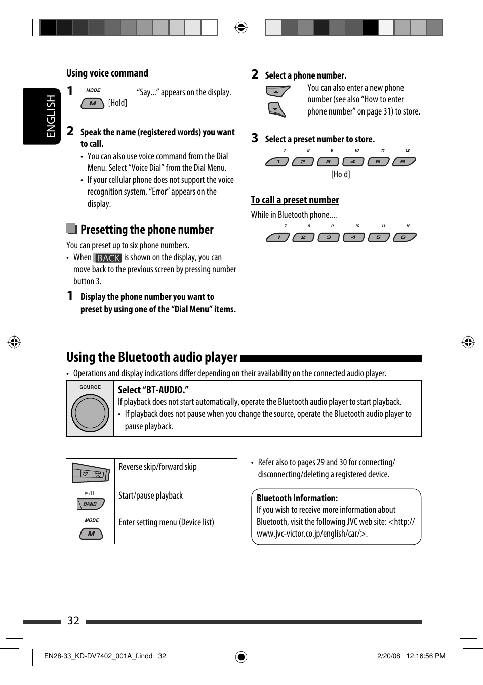 Using the bluetooth audio player, Presetting the phone number | JVC DVD/CD Receiver KD-DV7401 User Manual | Page 32 / 267