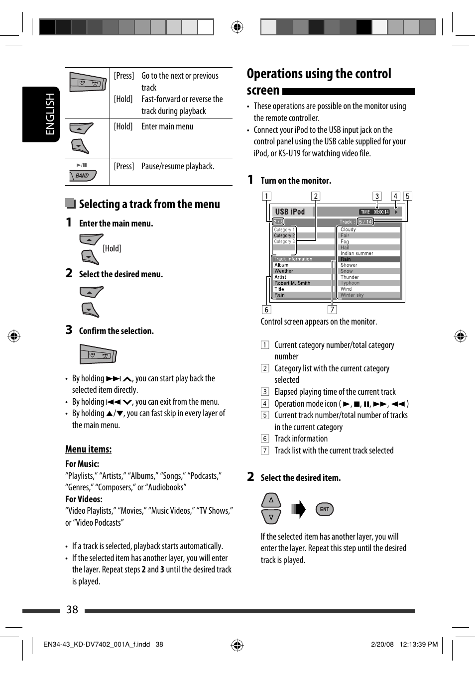 Operations using the control screen, Selecting a track from the menu, English 38 | JVC DVD/CD Receiver KD-DV7401 User Manual | Page 38 / 267