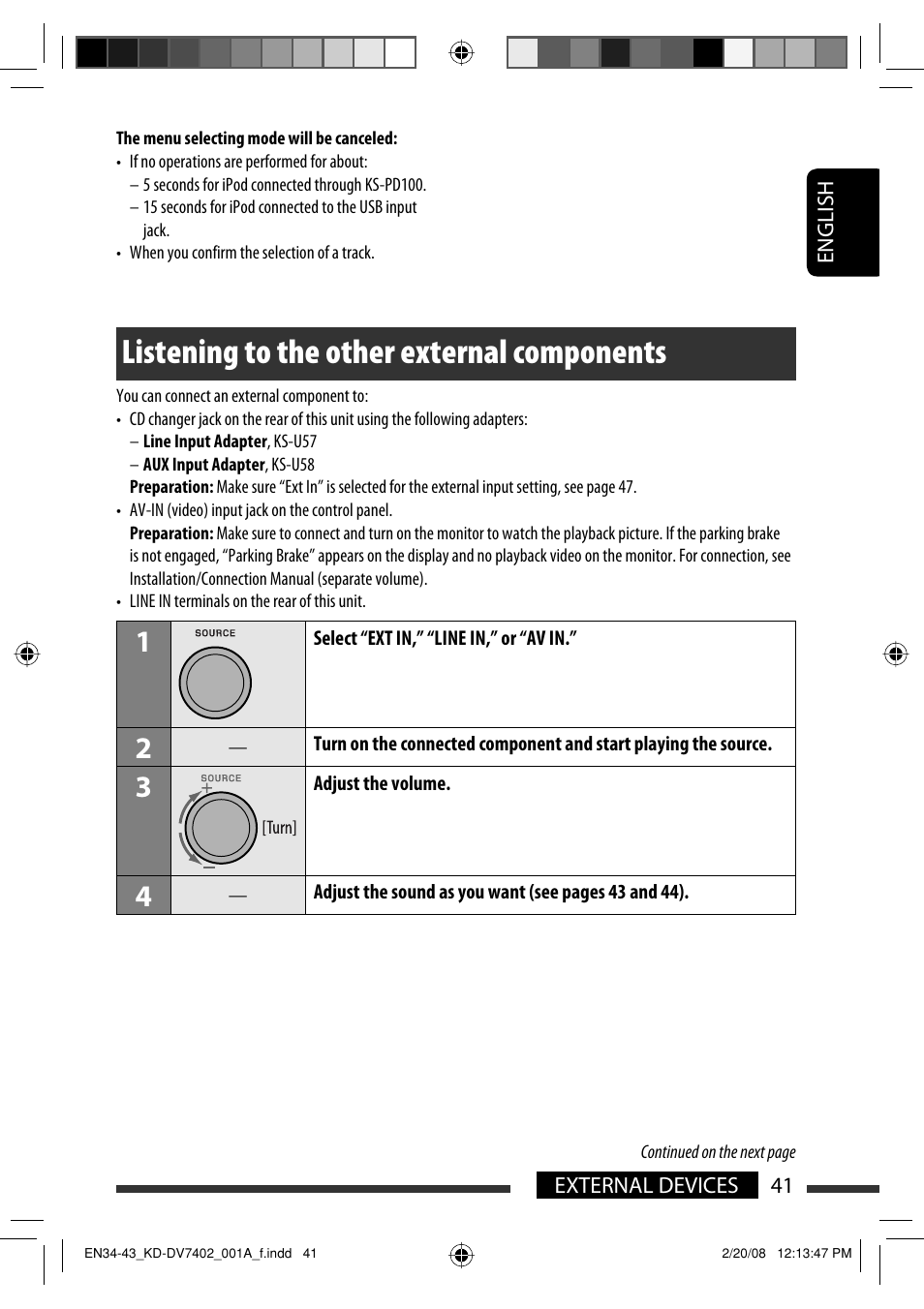 Listening to the other external components | JVC DVD/CD Receiver KD-DV7401 User Manual | Page 41 / 267