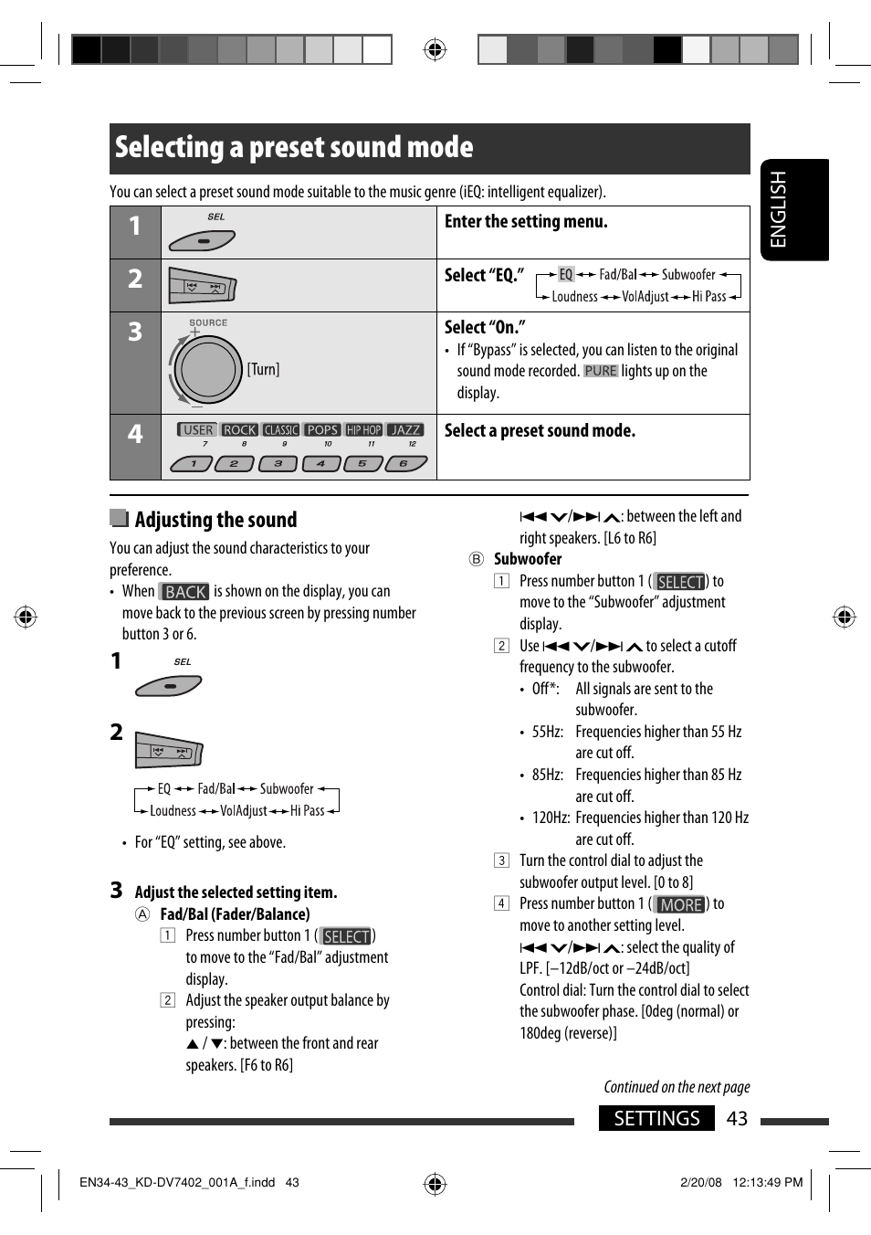 Selecting a preset sound mode, Adjusting the sound, English 43 settings | JVC DVD/CD Receiver KD-DV7401 User Manual | Page 43 / 267