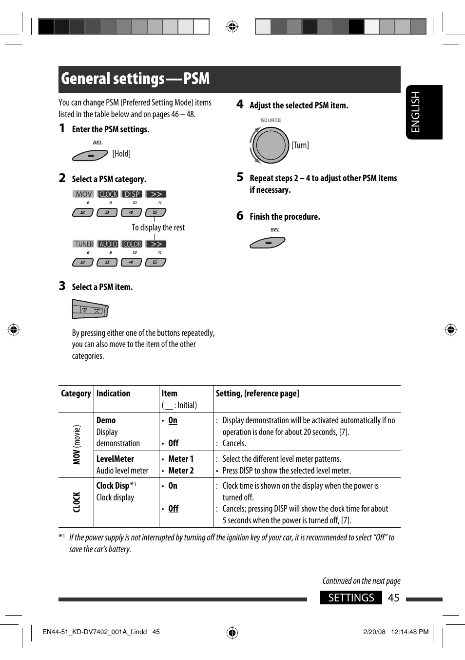 General settings — psm | JVC DVD/CD Receiver KD-DV7401 User Manual | Page 45 / 267