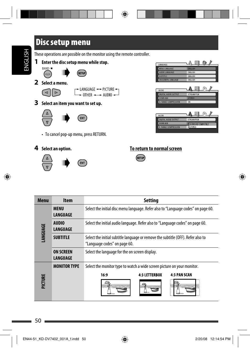 Disc setup menu | JVC DVD/CD Receiver KD-DV7401 User Manual | Page 50 / 267