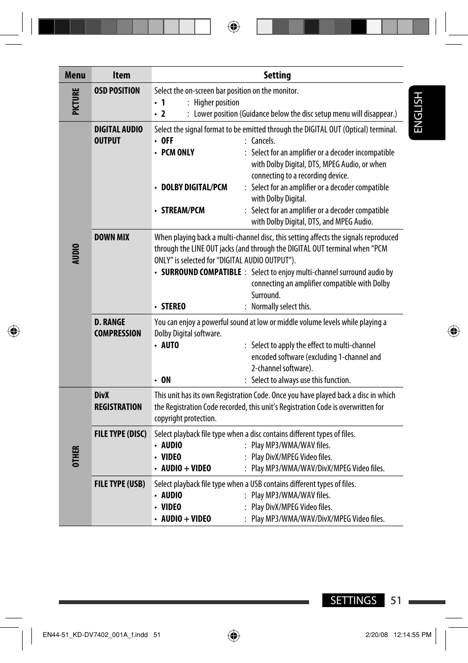 English 51 settings | JVC DVD/CD Receiver KD-DV7401 User Manual | Page 51 / 267