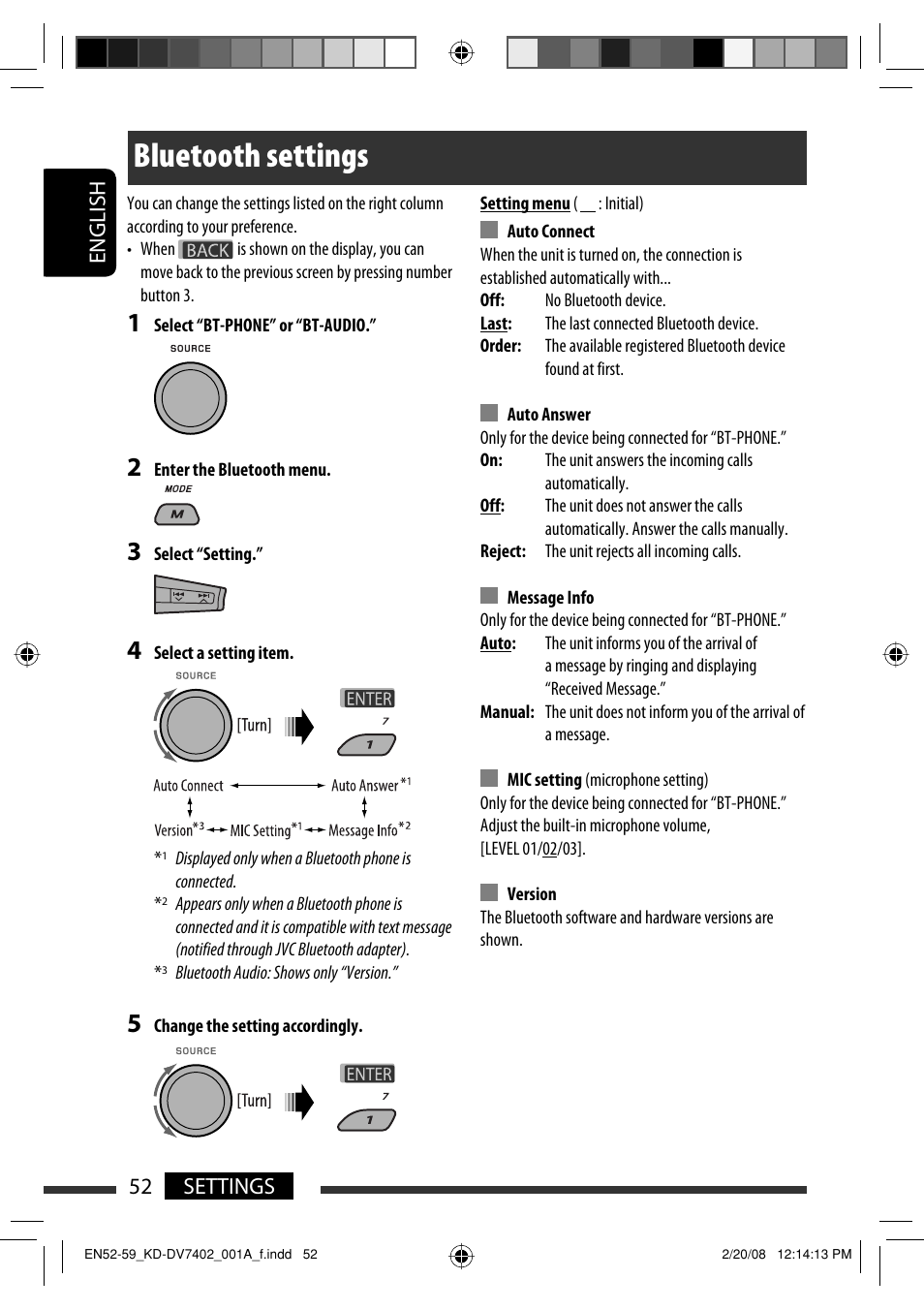 Bluetooth settings, English 52 settings | JVC DVD/CD Receiver KD-DV7401 User Manual | Page 52 / 267