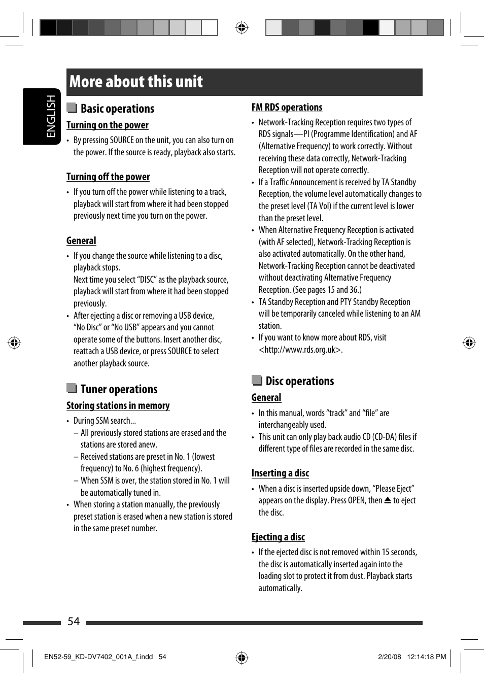 More about this unit, Disc operations, Basic operations | Tuner operations | JVC DVD/CD Receiver KD-DV7401 User Manual | Page 54 / 267