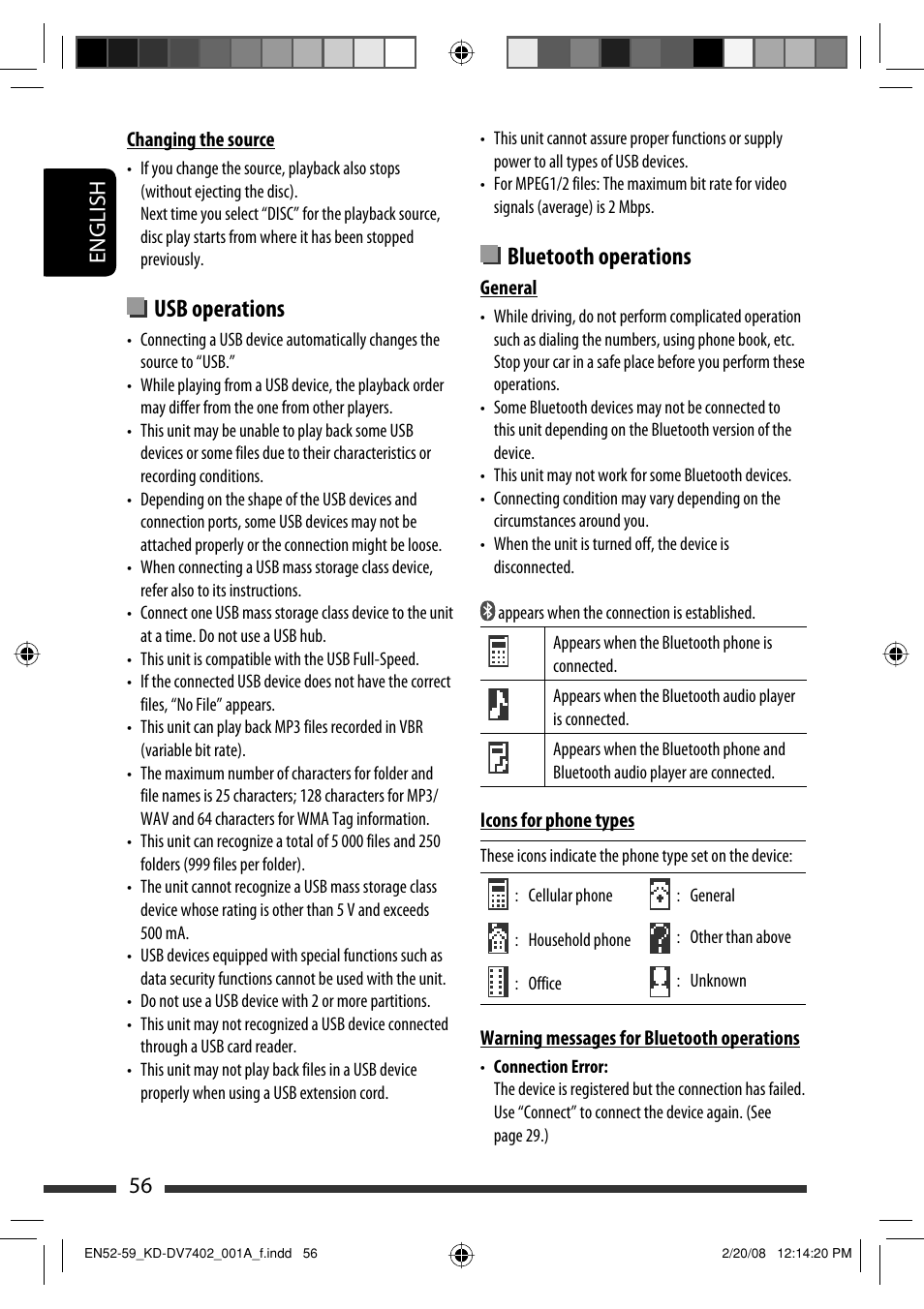 Bluetooth operations, Usb operations, English 56 | JVC DVD/CD Receiver KD-DV7401 User Manual | Page 56 / 267